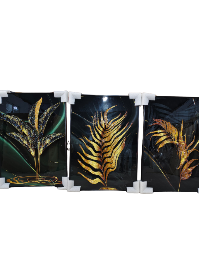 Gold Glitter Leaf Glass Wall Art Set of 3