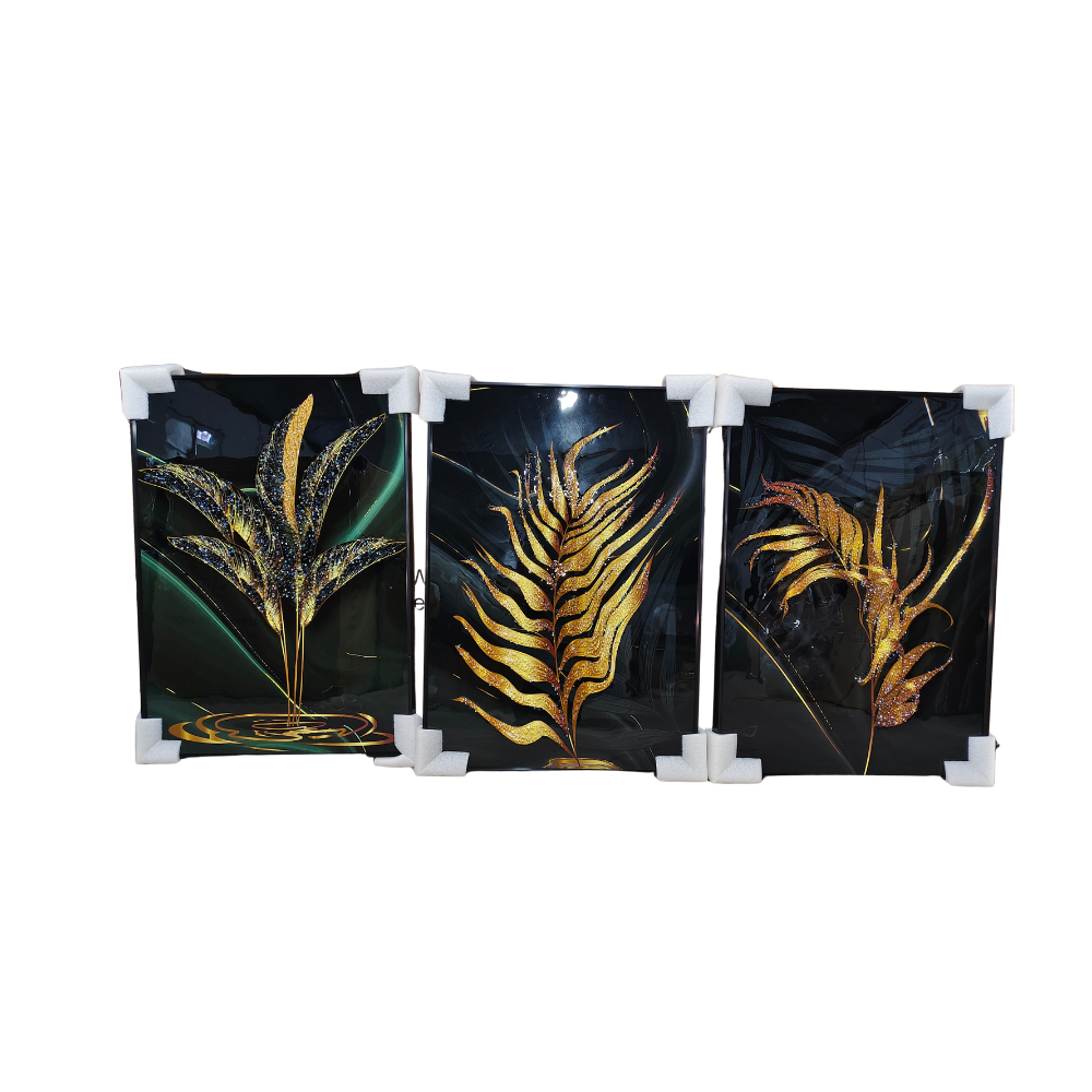Gold Glitter Leaf Glass Wall Art Set of 3