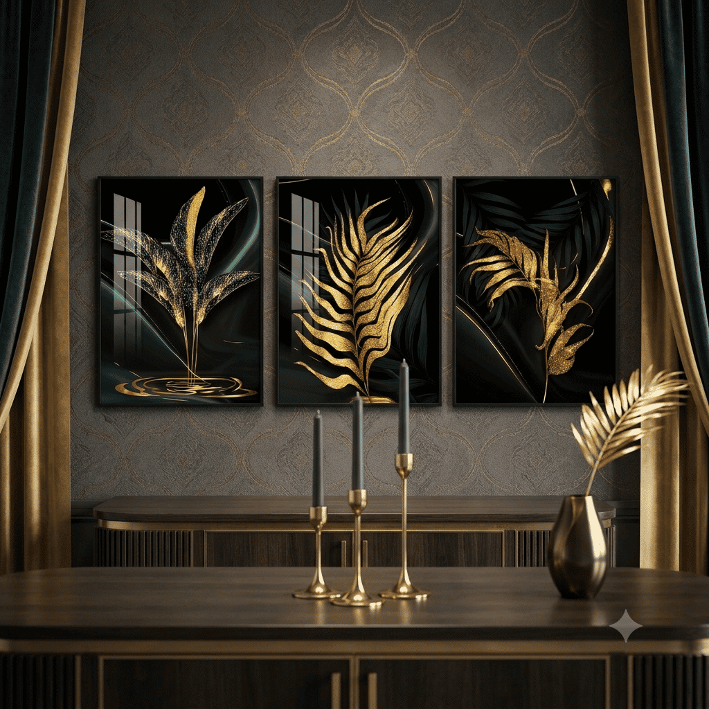 Gold Glitter Leaf Glass Wall Art Set of 3 - Image 2